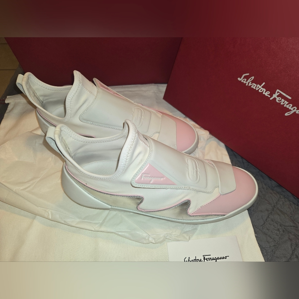 Ferragamo Nile Neoprene leather women's Sock sneakers Pink and white 8.5/ 39 - Picture 2 of 14